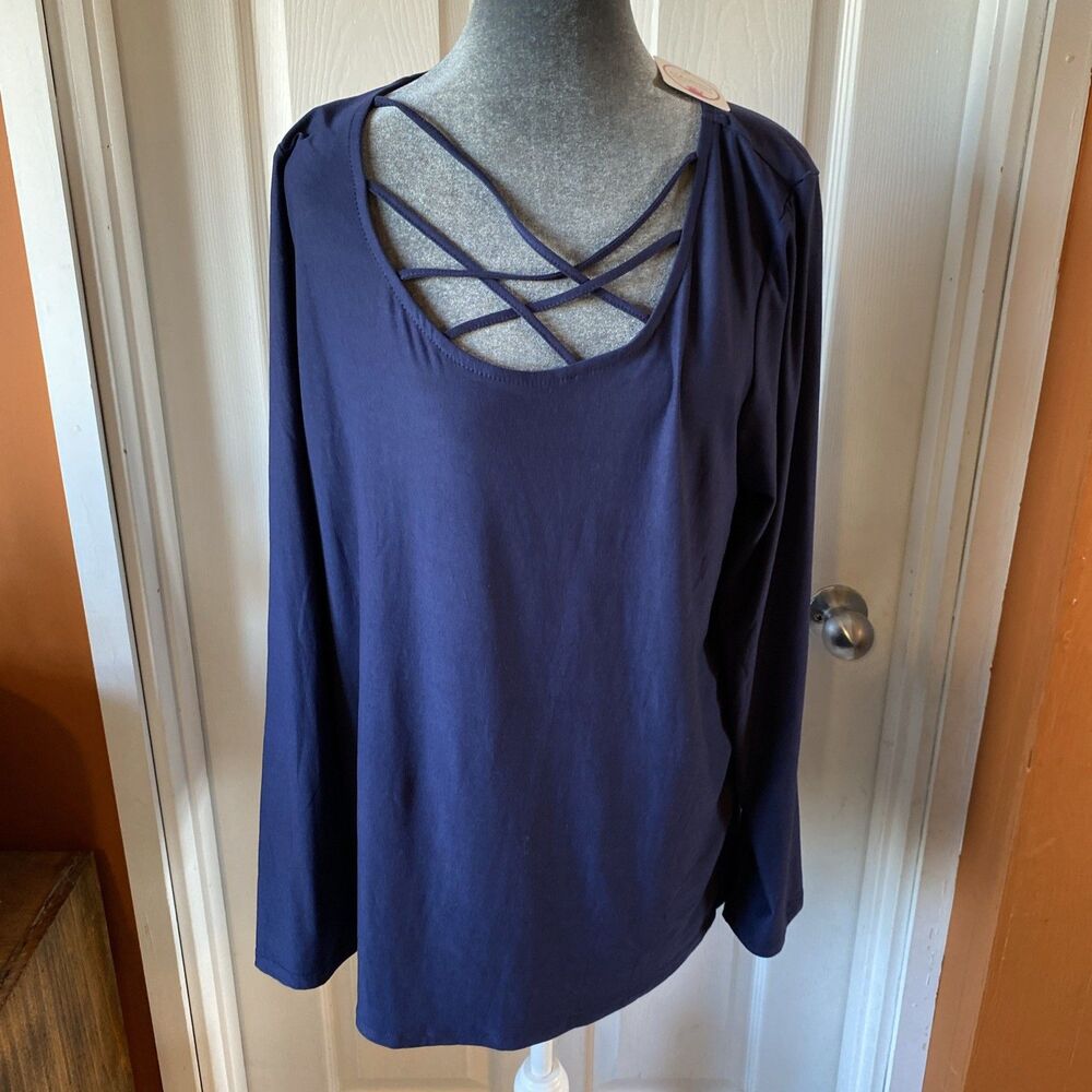 Shiela Rose Blouse Women’s Size 2X Scoop Neck Navy Long Sleeve Light NWT